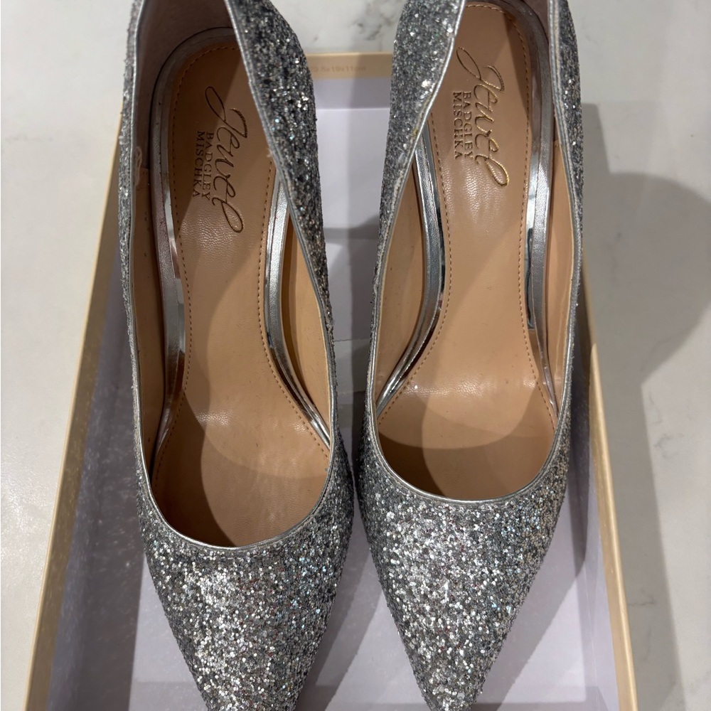 Jewel Badgley Mischka Azalea Silver Glitter Stiletto Heels